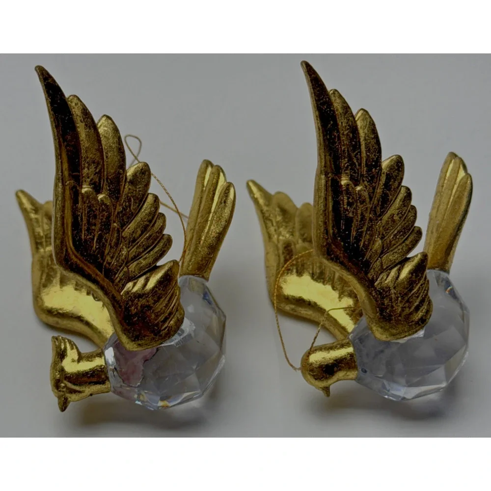 Vtg Lot of 2 Flying Cardinal Bird Plastic Acrylic Faceted Ornaments Gold As Is